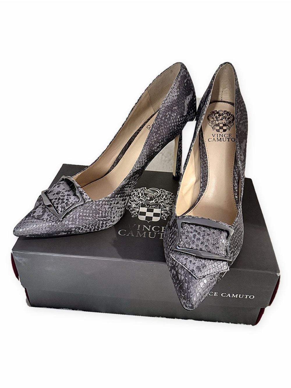 Vince Camuto Gray Snakeskin-Print Pointed Toe Pumps with Buckle